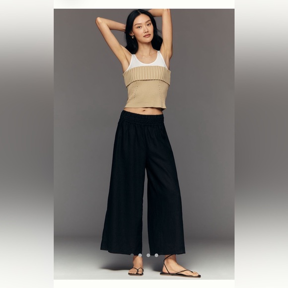 Anthropologie The Somerset Linen Pull on Black Wide-Leg Elastic-Waist Pants